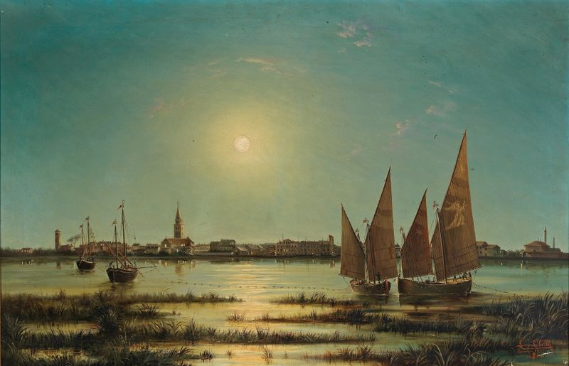 Blick auf Venedig im Mondlicht by Ludwig Rubelli von Sturmfest, oil painting depicting a moonlit landscape.