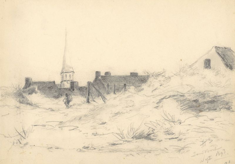 Paisaje que muestra un pueblo desde las dunas, pintura al óleo de Hobbe Smith