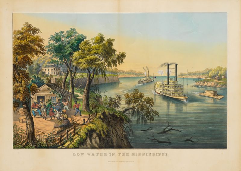 Low Water in the Mississippi by Frances Flora Bond Palmer, realism, depicting a river with reflections and a vibrant sky.