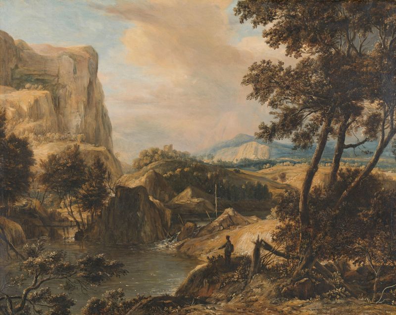 Mountainous landscape with fisherman, oil on canvas by Roelant Roghman