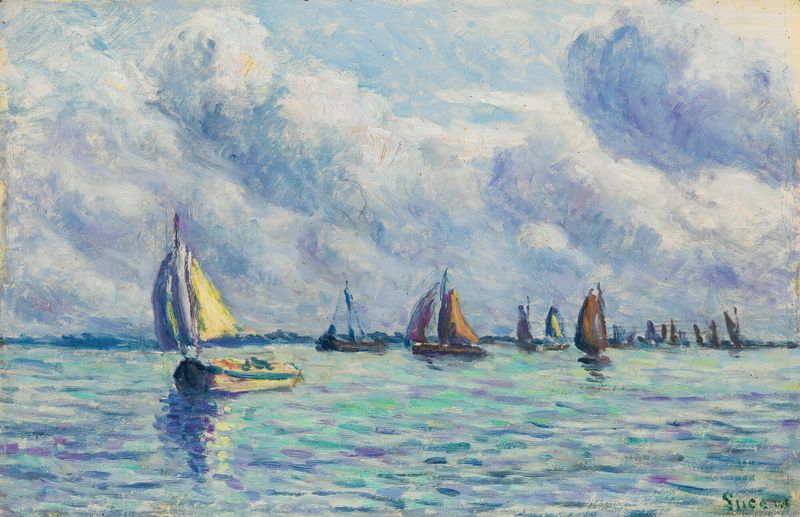 Bateaux Sur La Meuse À Rotterdam de Maximilien Luce, óleo sobre tela retratando barcos em um rio