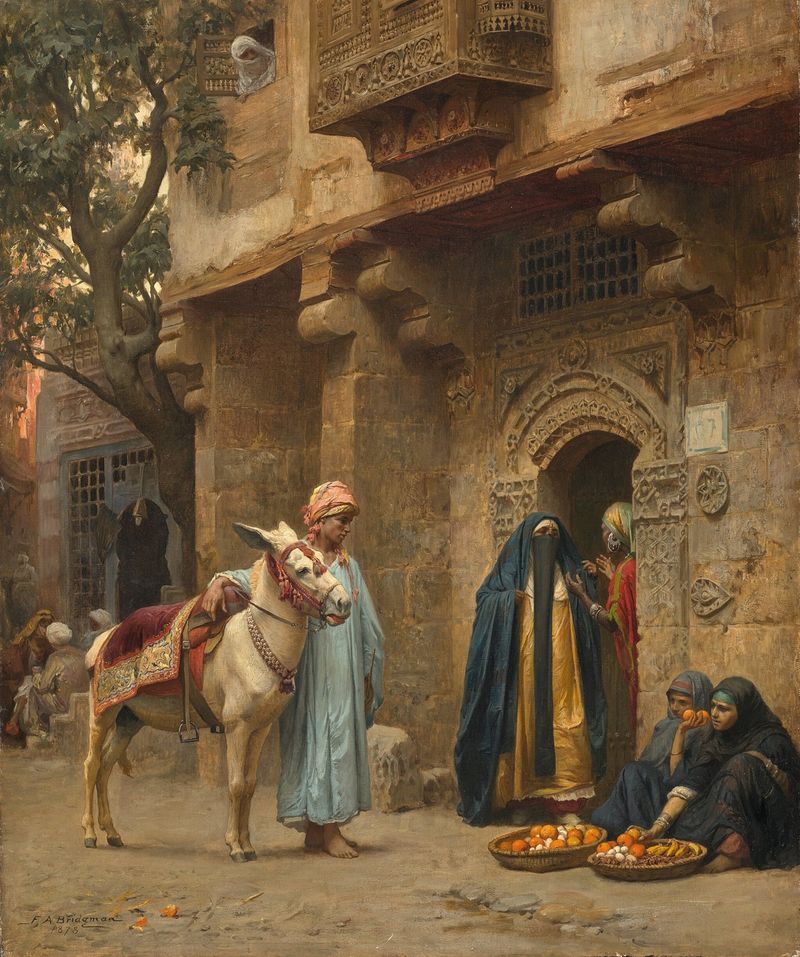 A Cairo Street by Frederick Arthur Bridgman, depicting a bustling market scene with merchants in colorful garments.