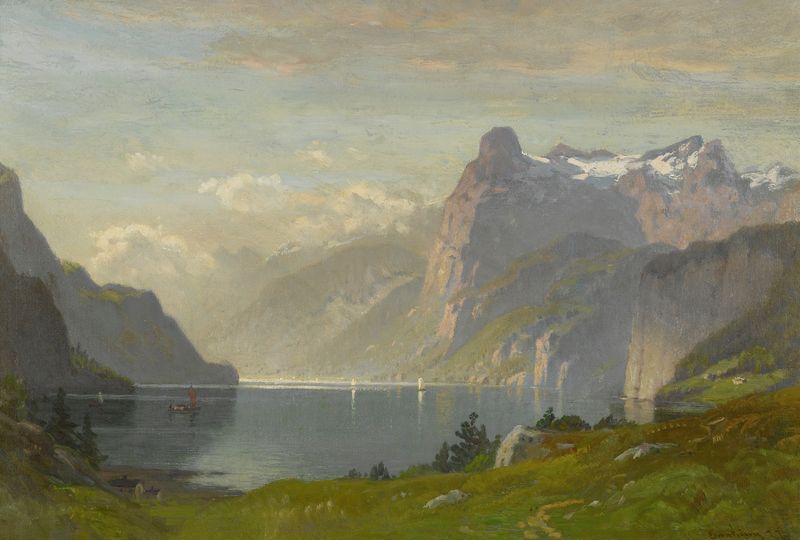 Morning, Lake Lucerne óleo de John Joseph Enneking retratando uma paisagem tranquila ao amanhecer