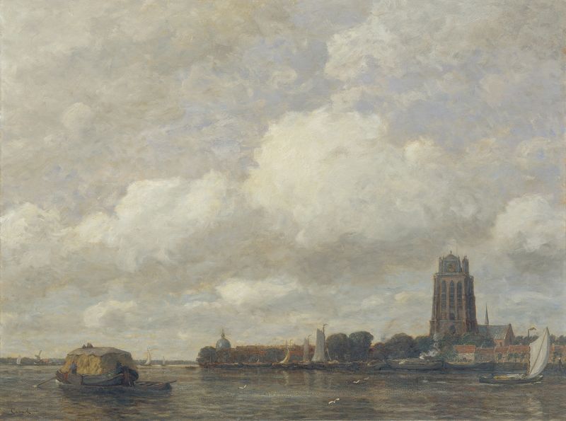Dordrecht by Gilbert von Canal, oil painting depicting a quiet village landscape with muted colors.