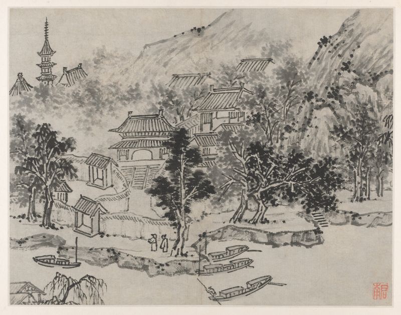 Distant View of Tiger Hill from the Canal Mooring, ink on paper by Shen Zhou