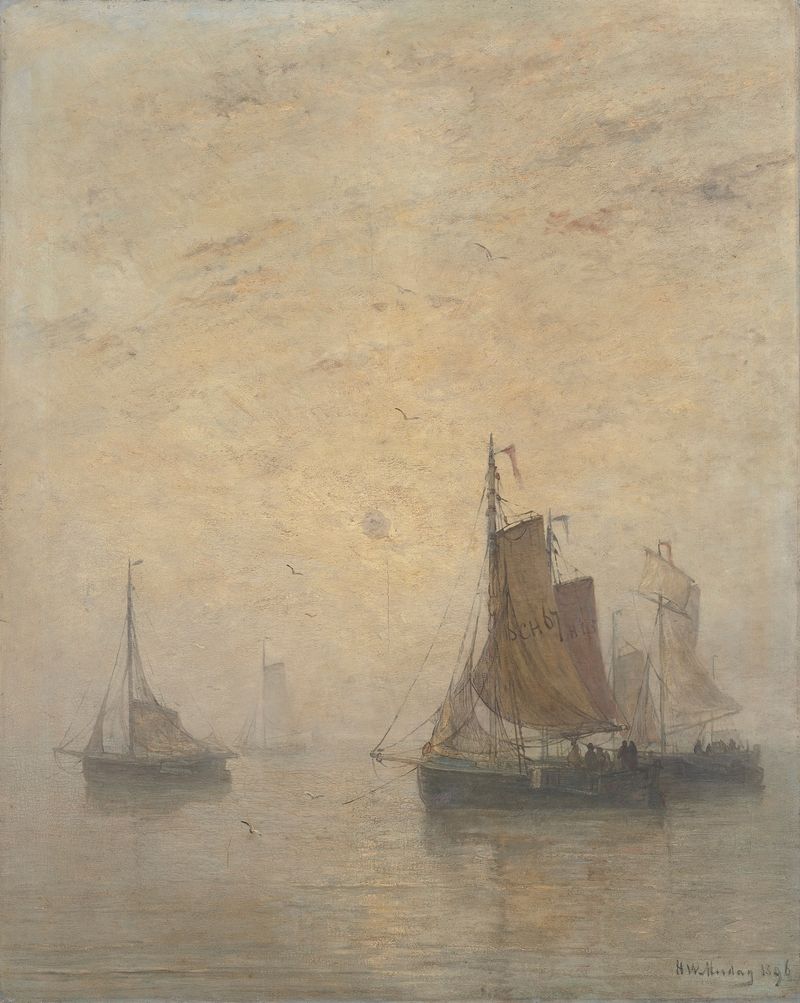 Misty Weather de Hendrik Willem Mesdag, óleo sobre lienzo que representa un paisaje brumoso.