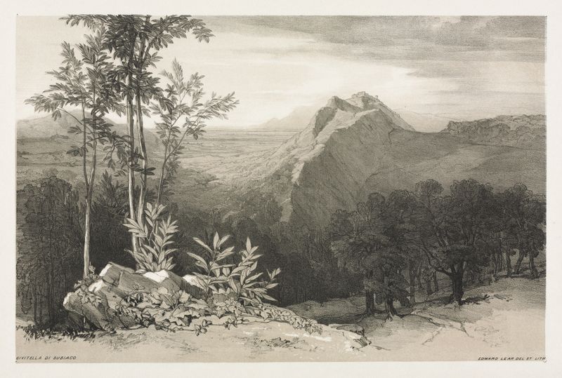 Civitella di Subiaco de Edward Lear, retratando um pôr do sol sobre uma paisagem de vila em pintura a óleo.