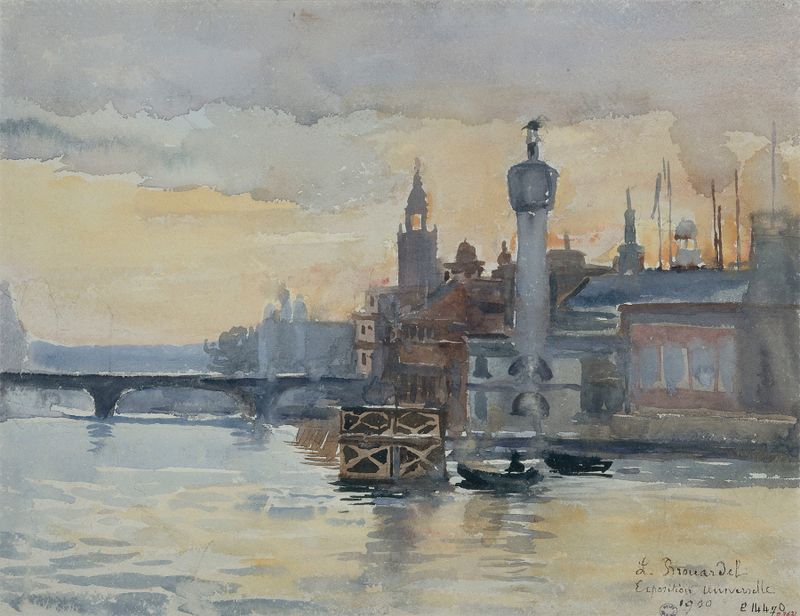Impressionist oil painting by Laure Brouardel depicting pavilions by the Seine river