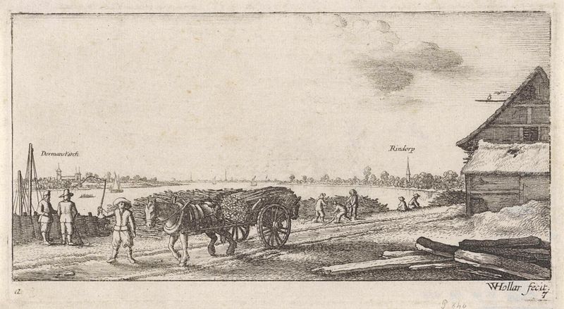 Gravura de Wenceslaus Hollar mostrando uma paisagem de rio com uma aldeia ao amanhecer