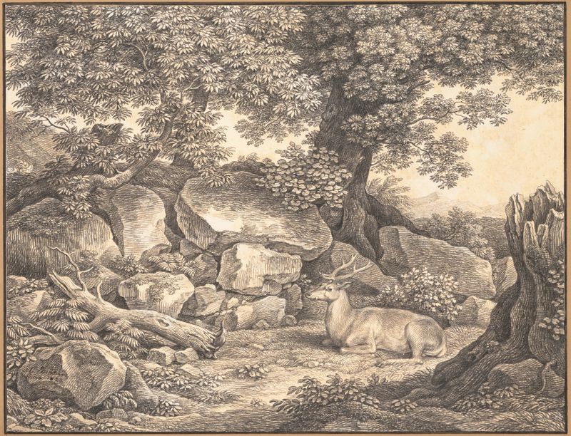 Paisaje italiano con árboles, rocas y un ciervo descansando, óleo sobre lienzo de Johann Christian Reinhart