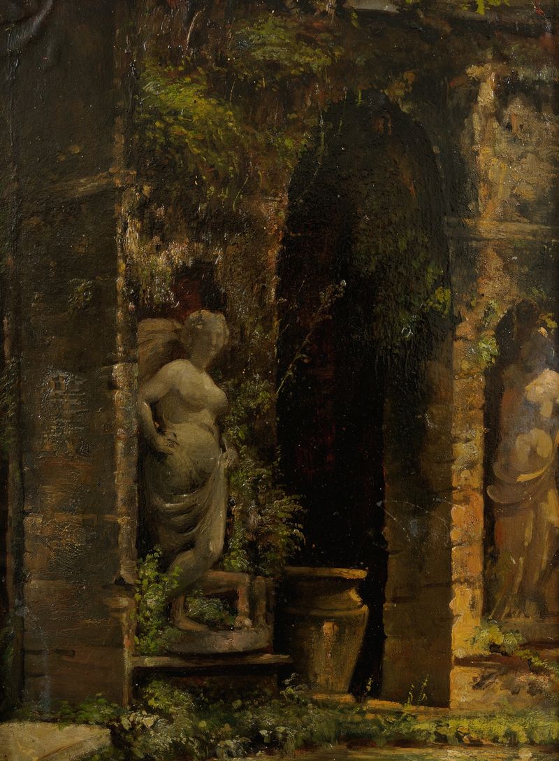 Grotto in Rome by Julie Wilhelmine Hagen-Schwarz, oil painting depicting tranquil water and greenery.