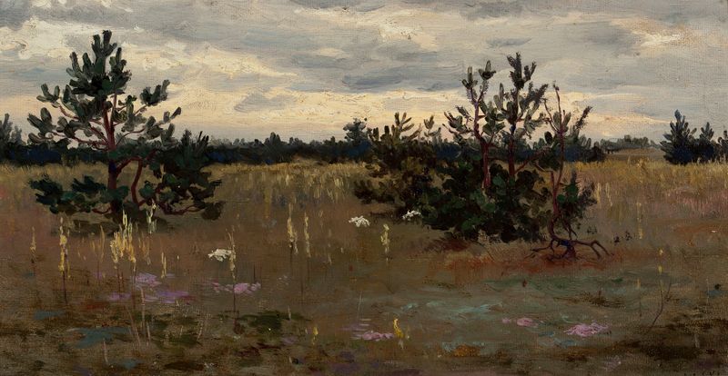 Clearing with pine trees de Jan Stanisławski, pintura al óleo que representa un paisaje sereno.