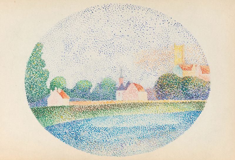 Morning on the Marne at Meaux, oil painting by Albert Dubois-Pillet, depicting a tranquil river landscape at dawn.