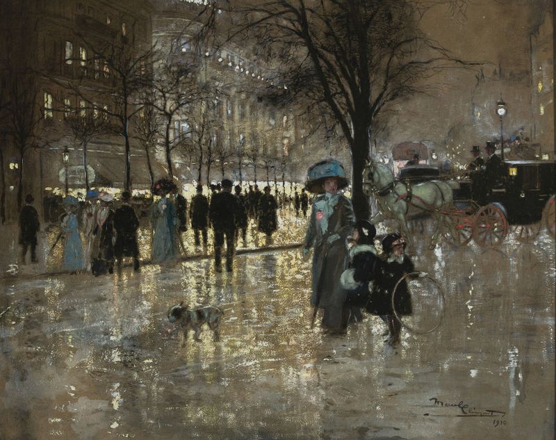 Genre scene depicting bustling figures on Bonne Nouvelle Boulevard in Paris, oil painting by Amédée-Julien Marcel-Clément.