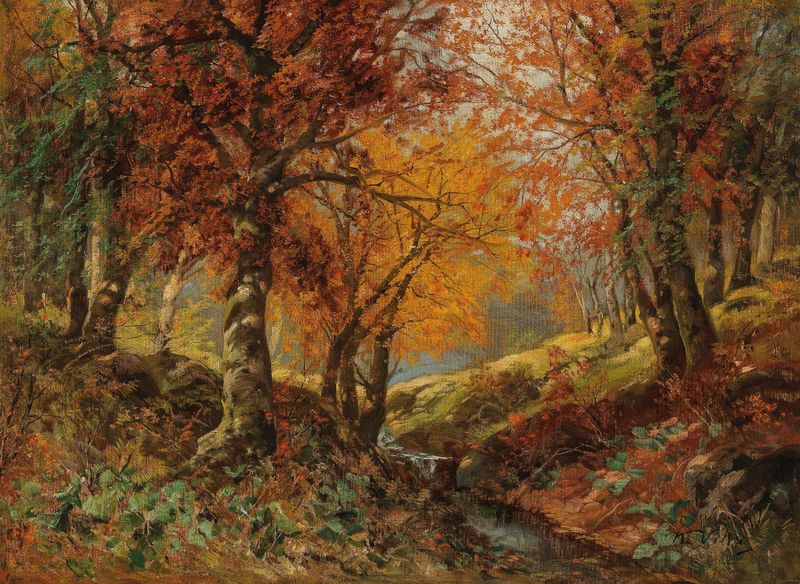 Uma clareira na floresta no outono, pintura a óleo de Karl Vikas, com folhagem vibrante e luz filtrada.