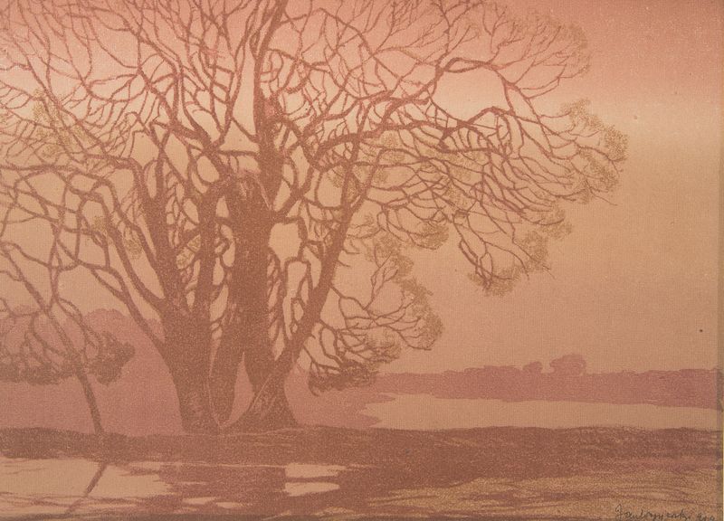 Paisagem impressionista de Jan Wojnarski, apresentando um pôr do sol sobre colinas.