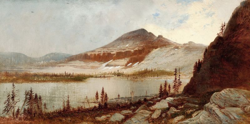 Lake Lal, a landscape by Gilbert Davis Munger, depicting tranquil waters and mountains, oil painting