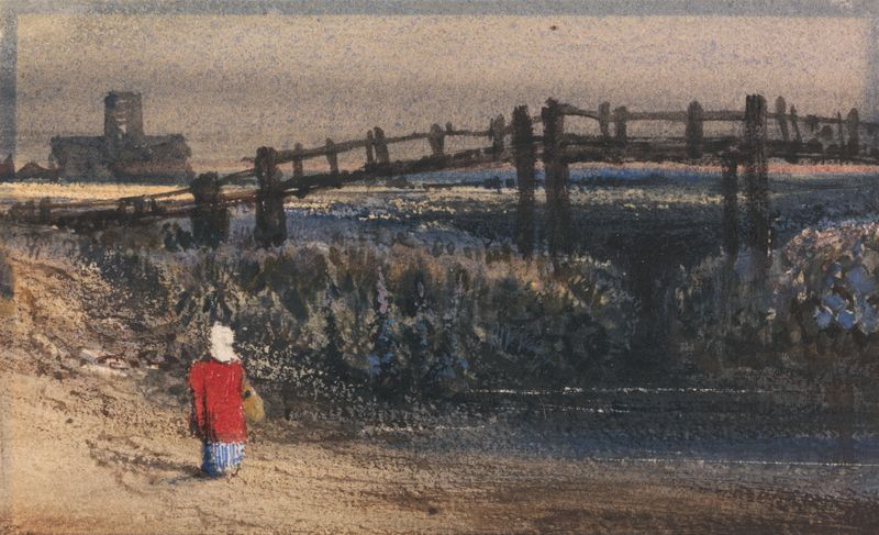 Puente peatonal sobre un río, óleo de Thomas Shotter Boys
