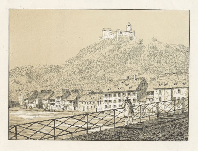 Pintura a óleo de paisagem de Johann Friedrich Wagner com um castelo em uma colina sob nuvens escuras.