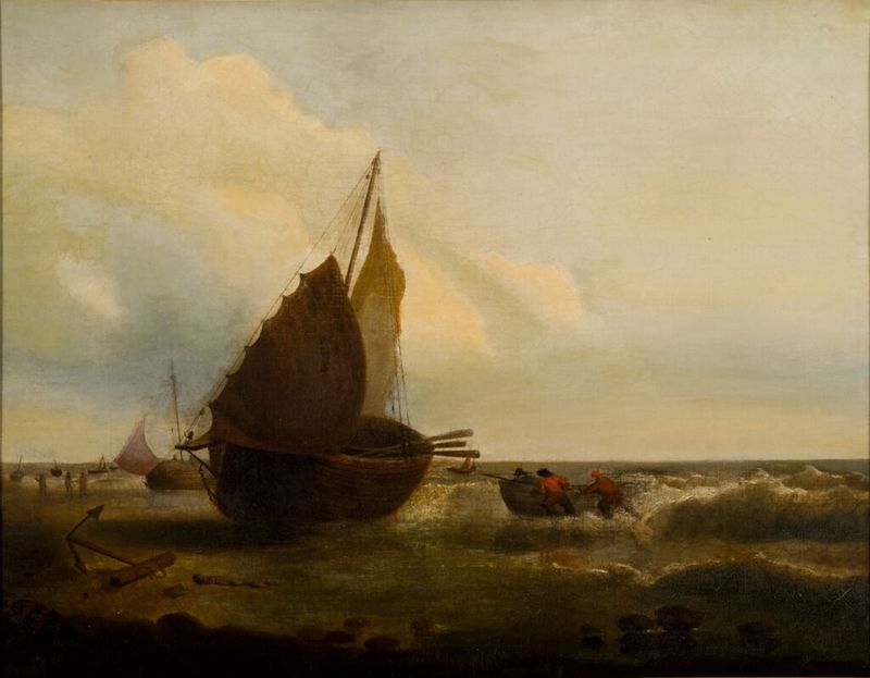 Escena de playa con barco de pesca y hombres lanzando un dory, óleo sobre lienzo de artista no identificado