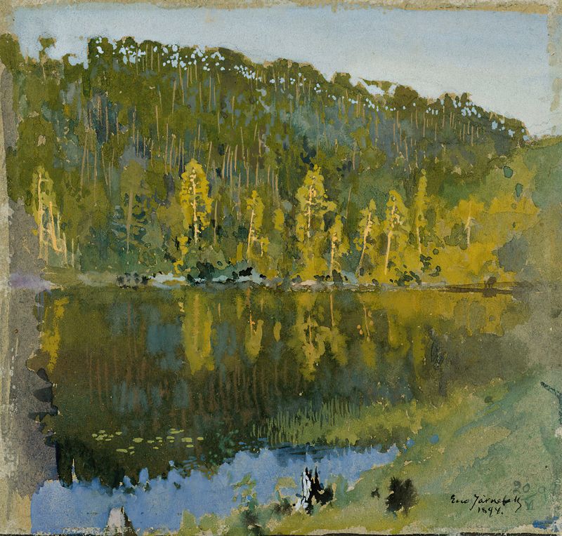Forest Pond, Landscape Study de Eero Järnefelt, pintura a óleo que retrata um lago tranquilo cercado por árvores.