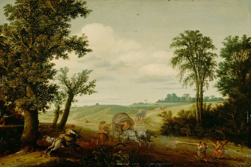 O Roubo na Estrada de Esaias van de Velde, óleo sobre tela que retrata uma tensa confrontação.