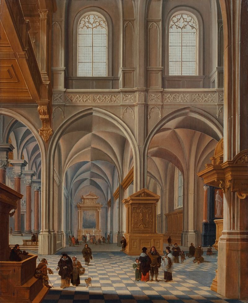 Interior of a church with elegantly dressed figures, oil on panel by Bartholomeus van Bassen