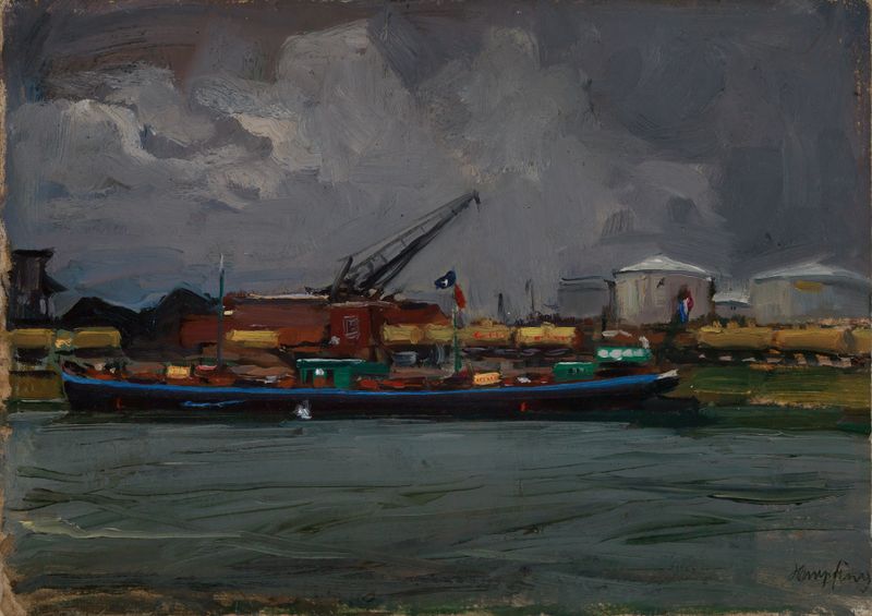 Oil on canvas by Wilhelm Hempfing depicting a serene harbor with boats and gentle waves.