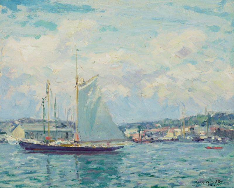 Noon Hour in the Harbor, Gloucester de George William Sotter, óleo sobre lienzo que muestra botes y reflejos.