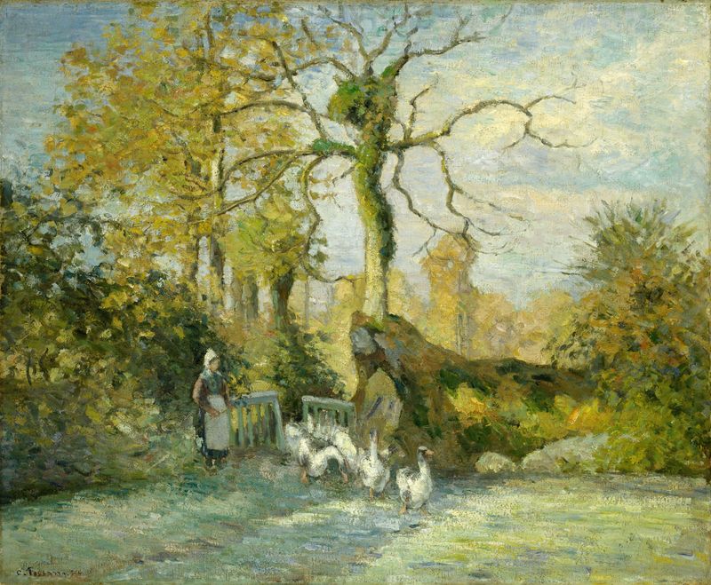 La chica de los gansos en Montfoucault de Camille Pissarro, óleo sobre lienzo con una figura en vestido vibrante en un pai...