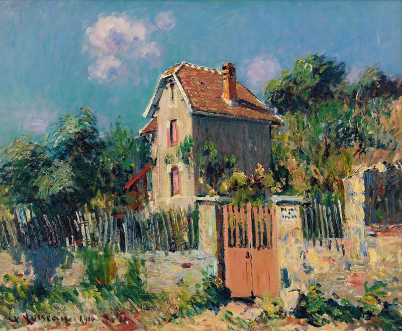 Pintura a óleo de Gustave Loiseau mostrando uma casa com uma grade rosa e luz suave