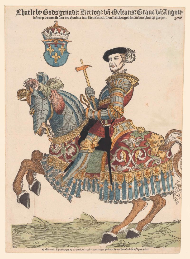 Retrato de Karel van Orléans a caballo, óleo sobre panel de Hans Liefrinck