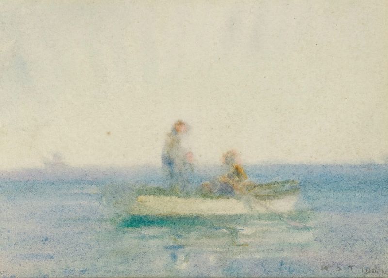 Two young men in a boat on water, oil on canvas by Henry Scott Tuke