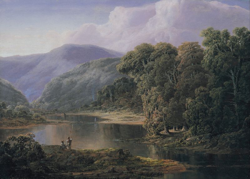 Landscape by William Louis Sonntag, oil on canvas depicting a sunset over rolling hills.