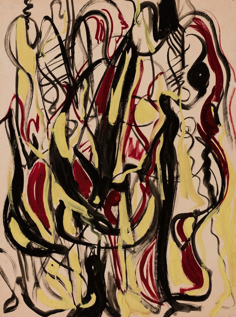 Abstract expressionism by Lola Liivat, 1960, featuring vibrant colors and dynamic shapes.