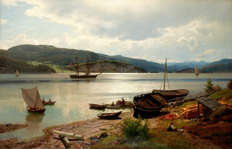 Landscape with water reflections in a serene setting, oil painting by Hans Gude