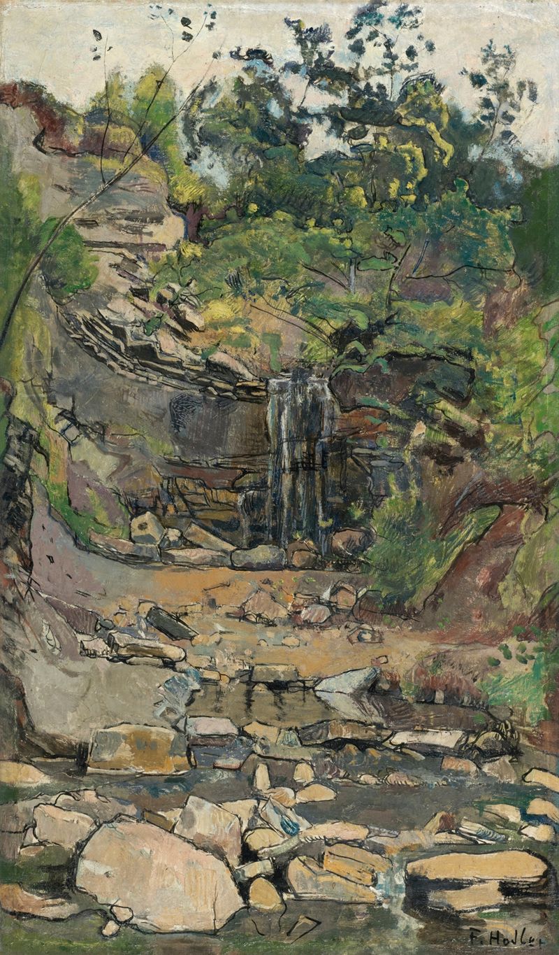 Waterfall In The Savoy Region by Ferdinand Hodler, oil painting depicting a waterfall and vibrant nature.