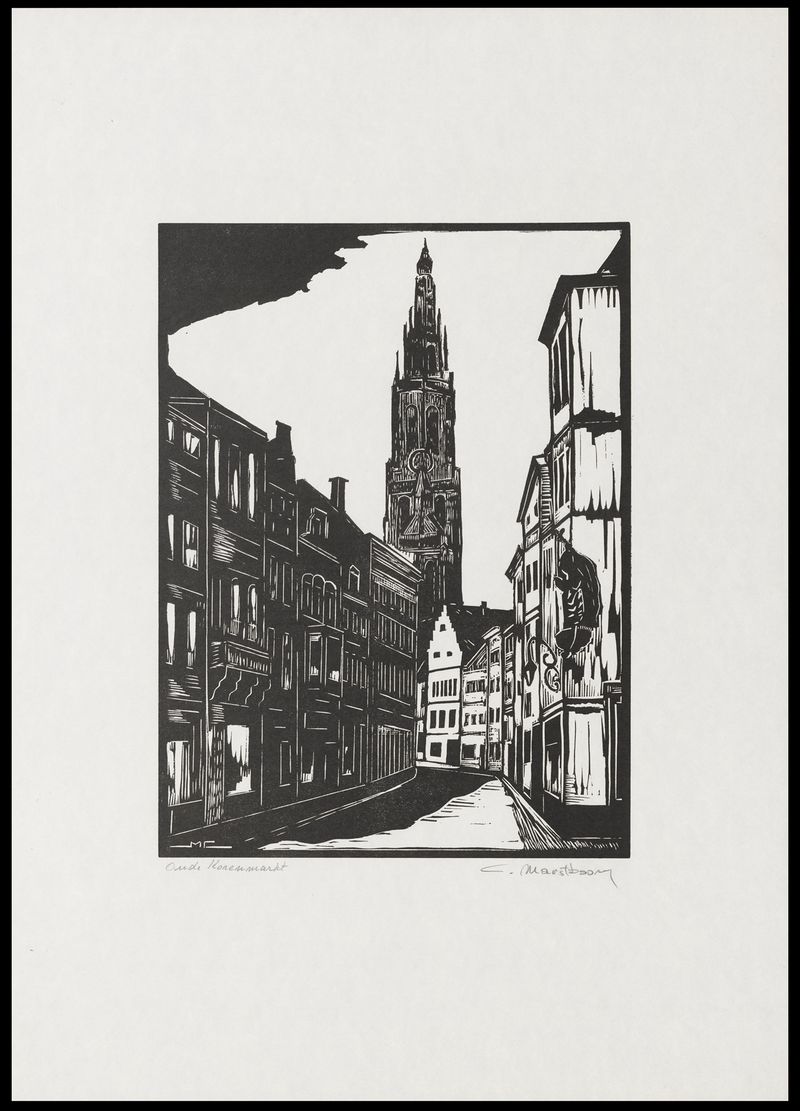 Oude Korenmarkt by C. Marstboom, oil on canvas depicting a market scene in Antwerp.