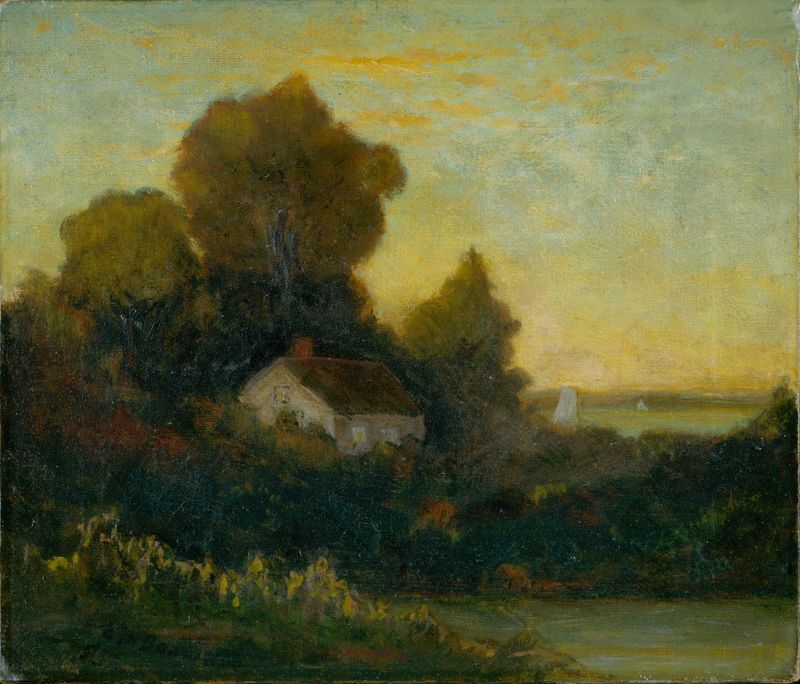 Oil on canvas by Edward Mitchell Bannister depicting a house by a lake in the woods