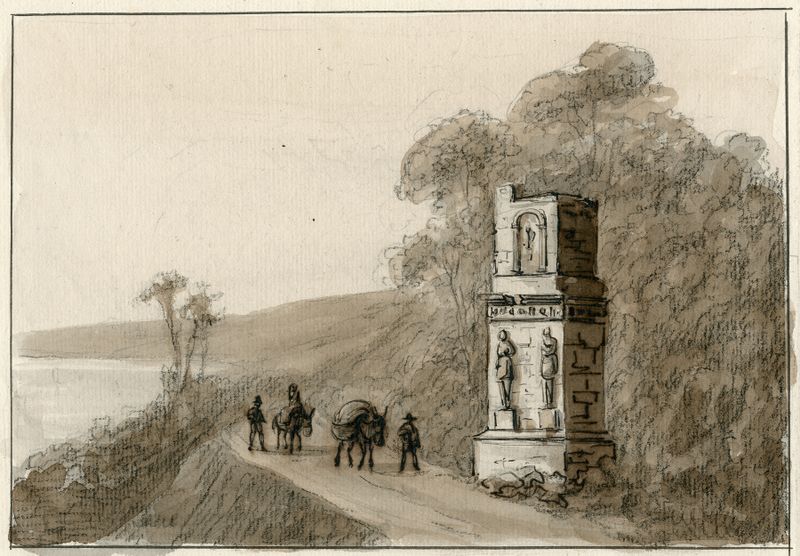 Pintura a óleo de paisagem por Otto Howen mostrando ruínas antigas com luz dourada.