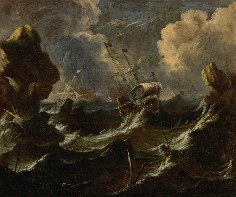 Frigates in a storm off a rocky coast, óleo sobre lienzo de Antonio Marini