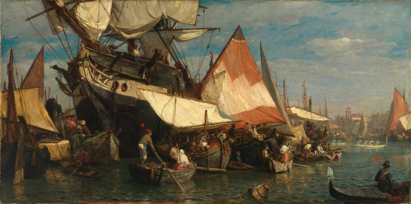 Regatta in Venedig by Gustav Schönleber, impressionist oil painting depicting boats and sails on water