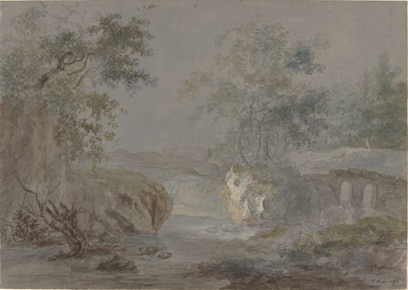 Wooded Cliffs along a Riverbank by Johann Caspar Huber, oil painting depicting cliffs and a river.