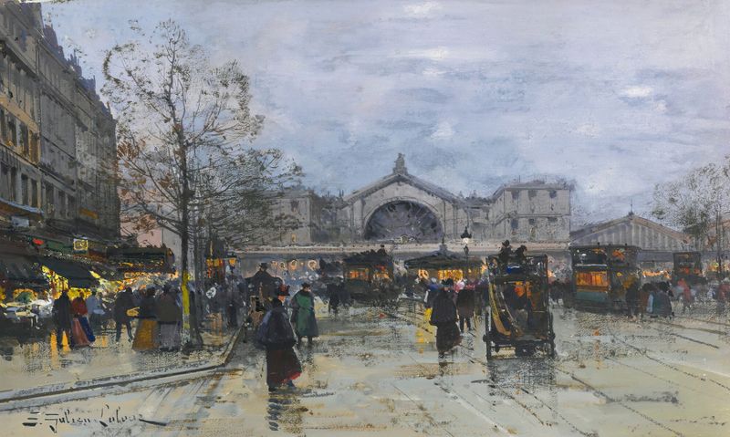 Escena interior de La Gare De L’est de Eugène Galien-Laloue, representando una estación de tren en pintura al óleo.