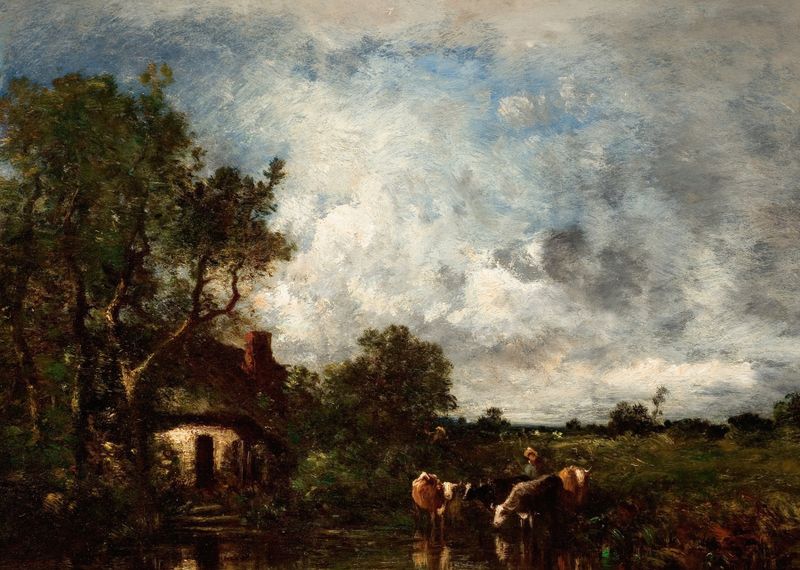 Ganado bebiendo en un estanque, pintura al óleo de Léon-Victor Dupré