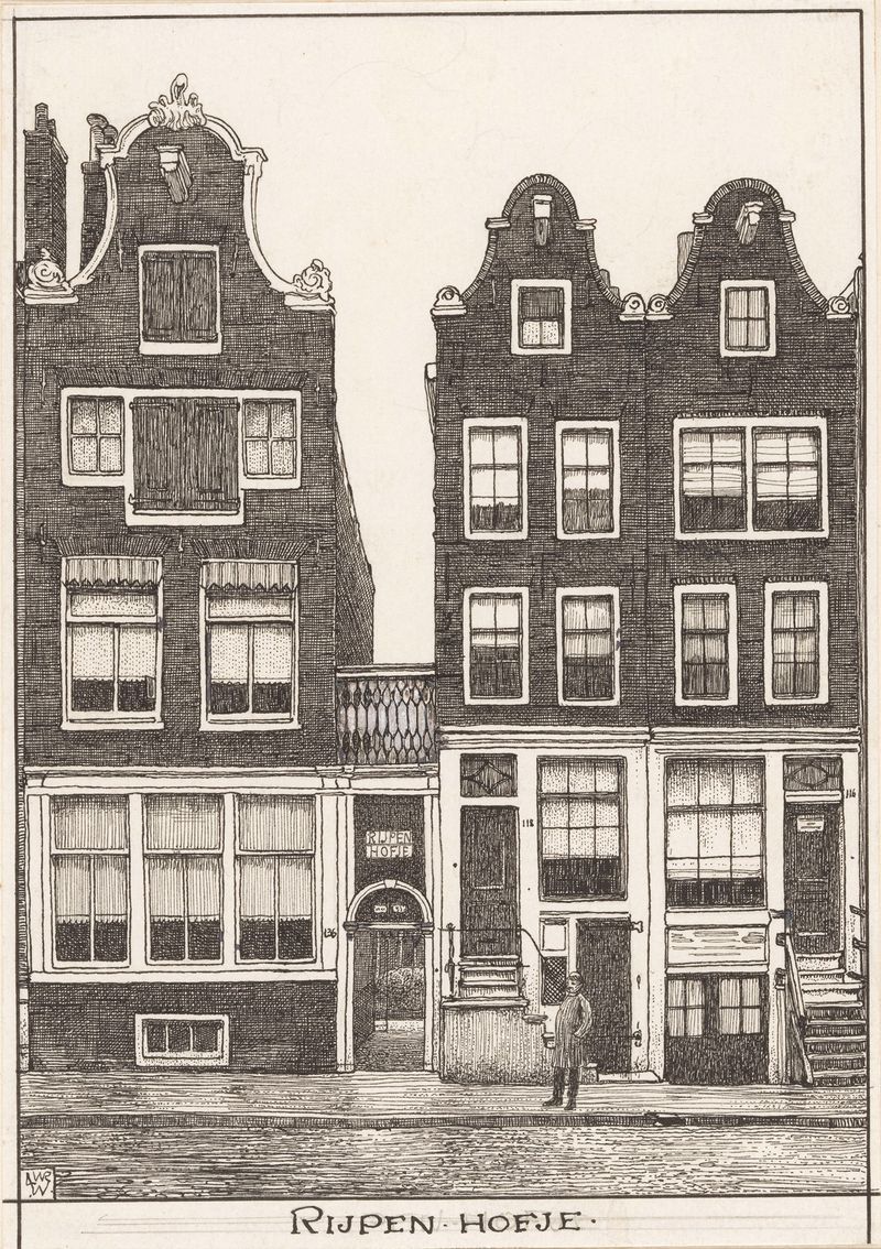 Het Rijpen Hofje te Amsterdam de Willem Wenckebach, pintura a óleo que mostra um pátio sereno.