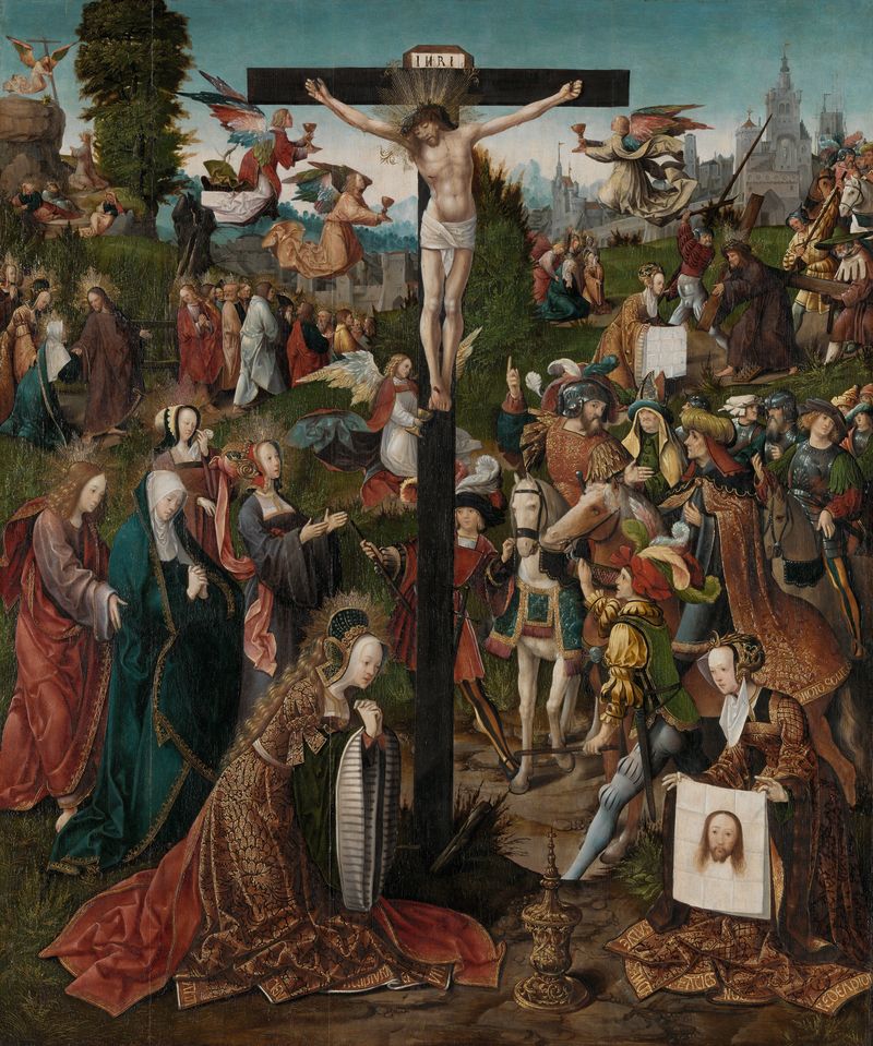 A Crucificação, óleo sobre painel de Jacob Cornelisz van Oostsanen, mostrando Cristo no Gólgota.