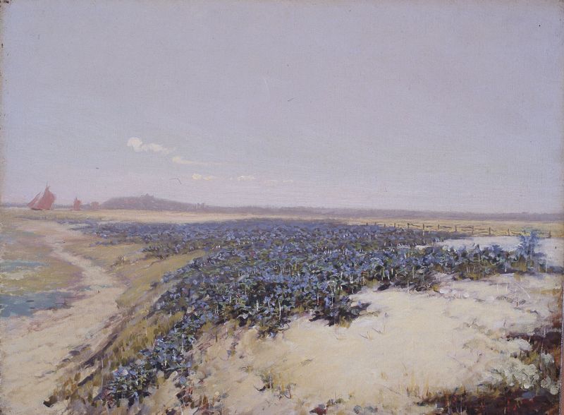 Flower-Covered Dunes de Charles Augustus C. Lasar, pintura a óleo com flores vibrantes e dunas.