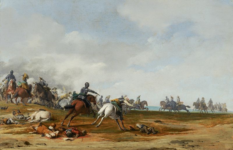 Cavalry Engagement by Pieter Post, oil on canvas depicting a chaotic battle with soldiers and horses.