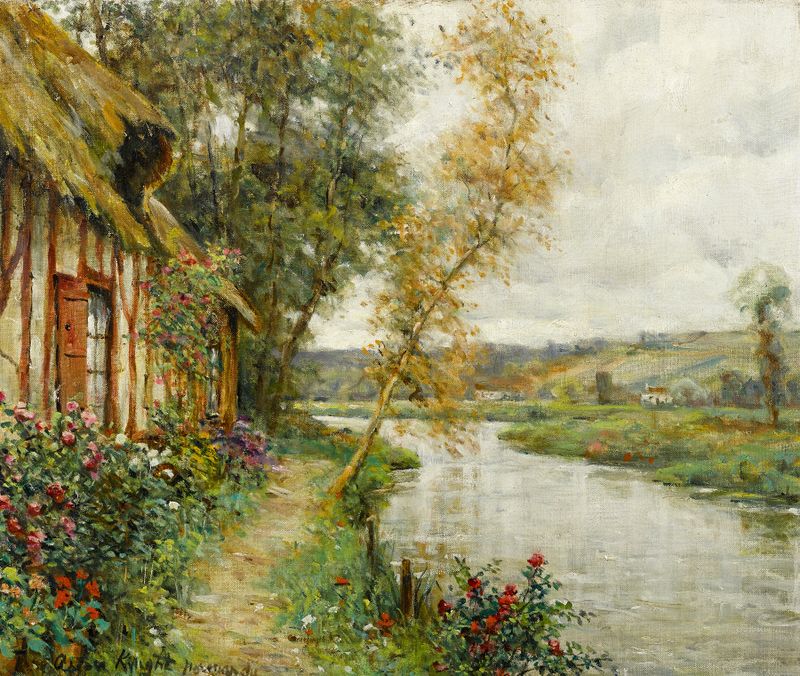 Cottage by a river in Normandy, oil painting by Louis Aston Knight